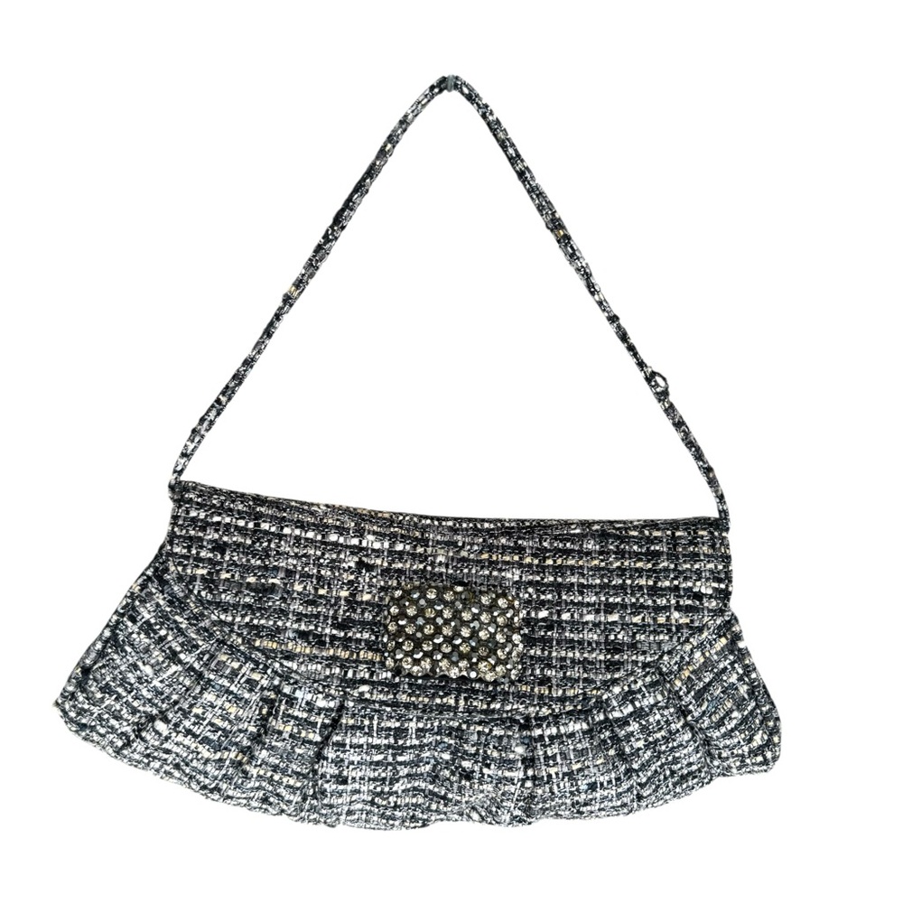 NEW Stuart Weitzman Tweed Rhinestone Flap Bag Grey Small Shoulder Bag Clutch - Picture 11 of 15